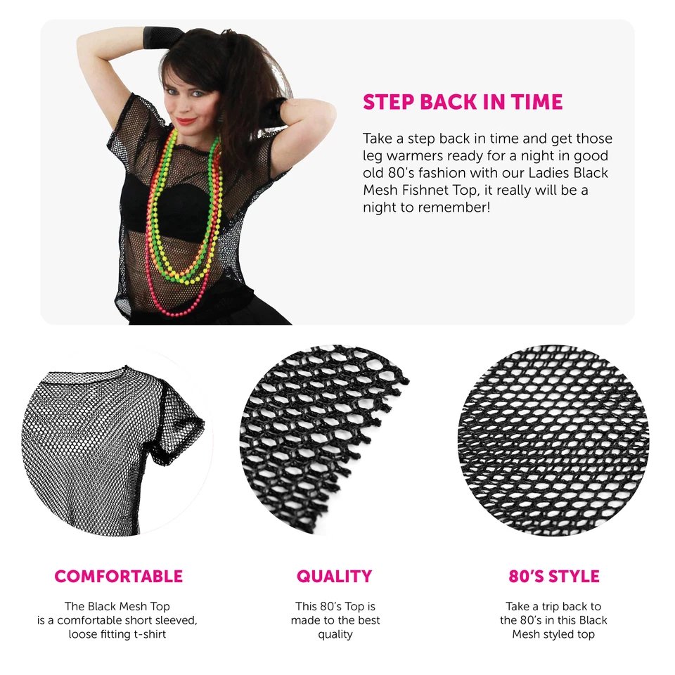 DAMAS DE LA DÉCADA DE 1980 TRAJE DE MALLA NEGRA TOP, PELUCA Y 4 PAQUETES DE CUENTAS DE NEÓN RAVE DISFRACES Foto 2 de 4