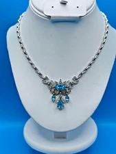 ORA Necklace Vintage 1940's Blue Rhinestones Silver Tone Collar Length Signed