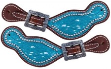 New Women's Medium leather TEAL HAIR ON COWHIDE SPUR STRAPS w/ Silver beads