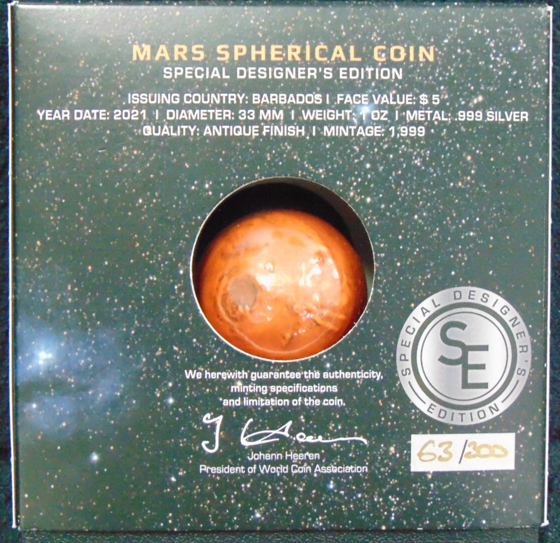 2021 5$ BARBADOS MARS SPHERICAL COIN SPECIAL DESIGNER'S EDITION 1 OZ.999