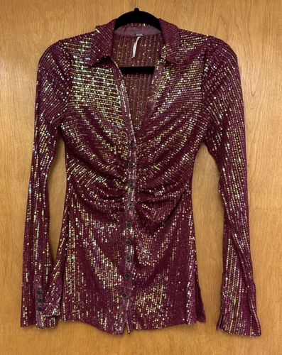 Free People Blouse Women XS Burgundy Sequin Shimmery Ruched Long Sleeve Buttonup