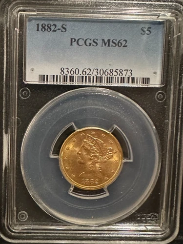 1882-S US $5 Gold Liberty Head Half Eagle Coin PCGS MS 62