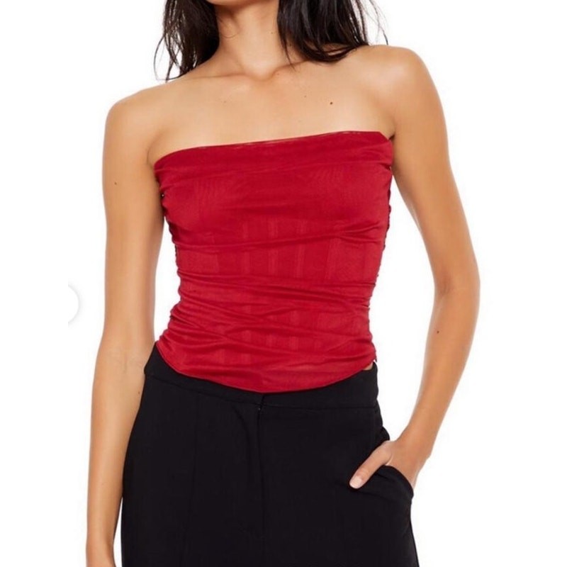 Forever 21 Women Red & Burgundy Ruch Corset Bustier Strapless Tube Top Small NEW