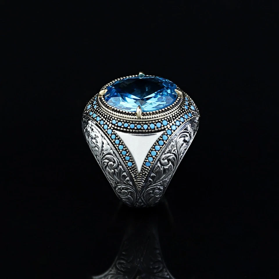 Anillo otomano de plata 925 con piedras preciosas azules aguamarina Foto 3 de 4