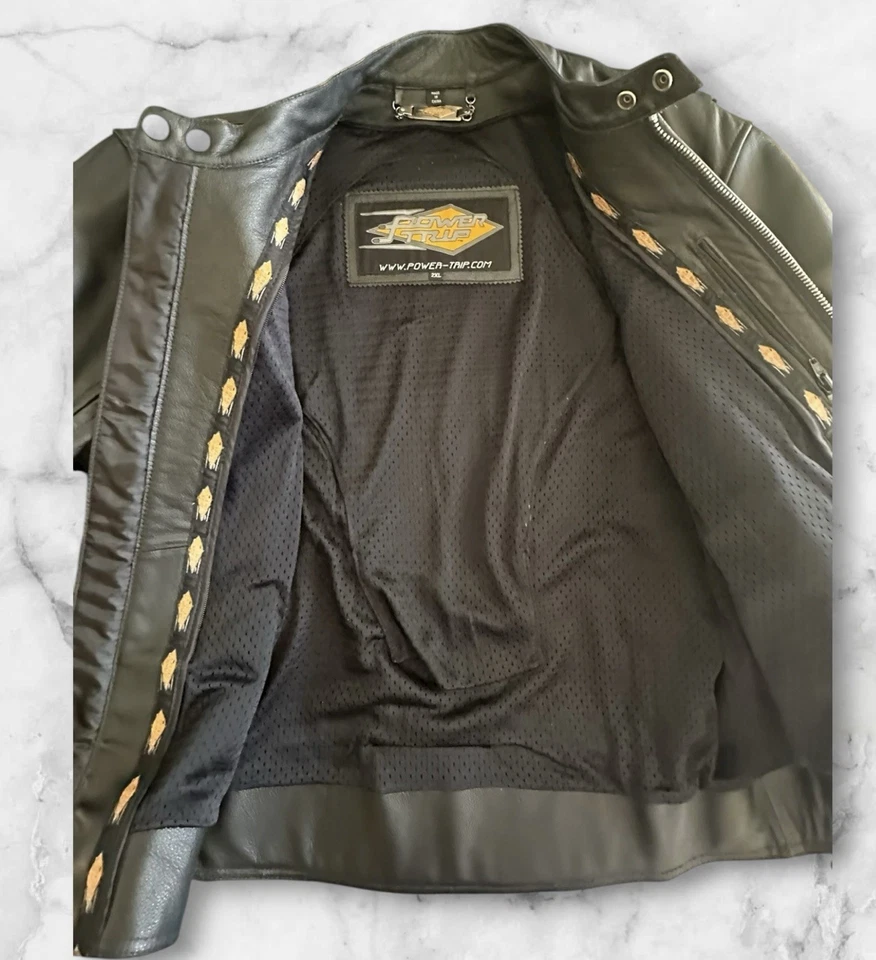 POWER TRIP Hombre MOTOCICLETA Talla XXL 100% CUERO FORRADO ACOLCHADO REFLECTANTE Chaqueta Foto 2 de 3