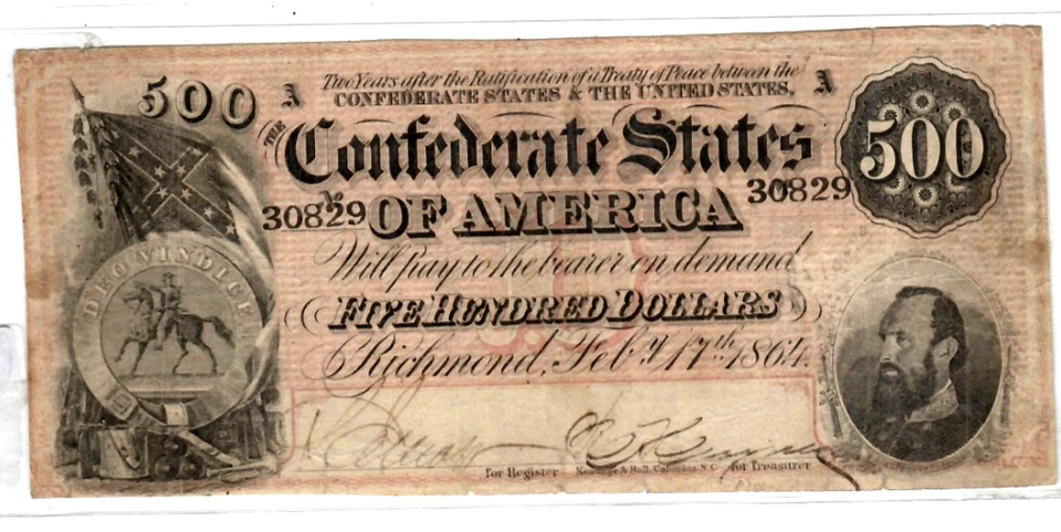 $500 "CONFEDERATE"  (LARGE DENOMINATION) "1800'S" $500 RARE "CONFEDERATE" NICE!! - Image 2 of 3
