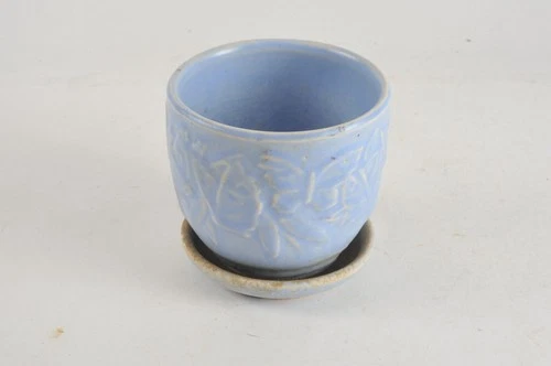1930’s? McCOY Blue BUTTERFLIES & LEAVES Flower Pot & Saucer Vintage Planter Wear