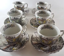 Yorkshire Staffordshire Ironstone Tea Cups & Saucers Set Of 6 Pastoral Cottage