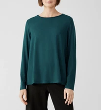 Eileen Fisher Women's Deep Aegean Fine Jersey Crew Neck Basic Length Top Sz S