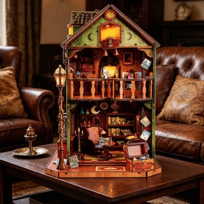 Eule Bibliothek Buchecke Handarbeit Look Holz Miniatur Haus Kit gemütliche Deko