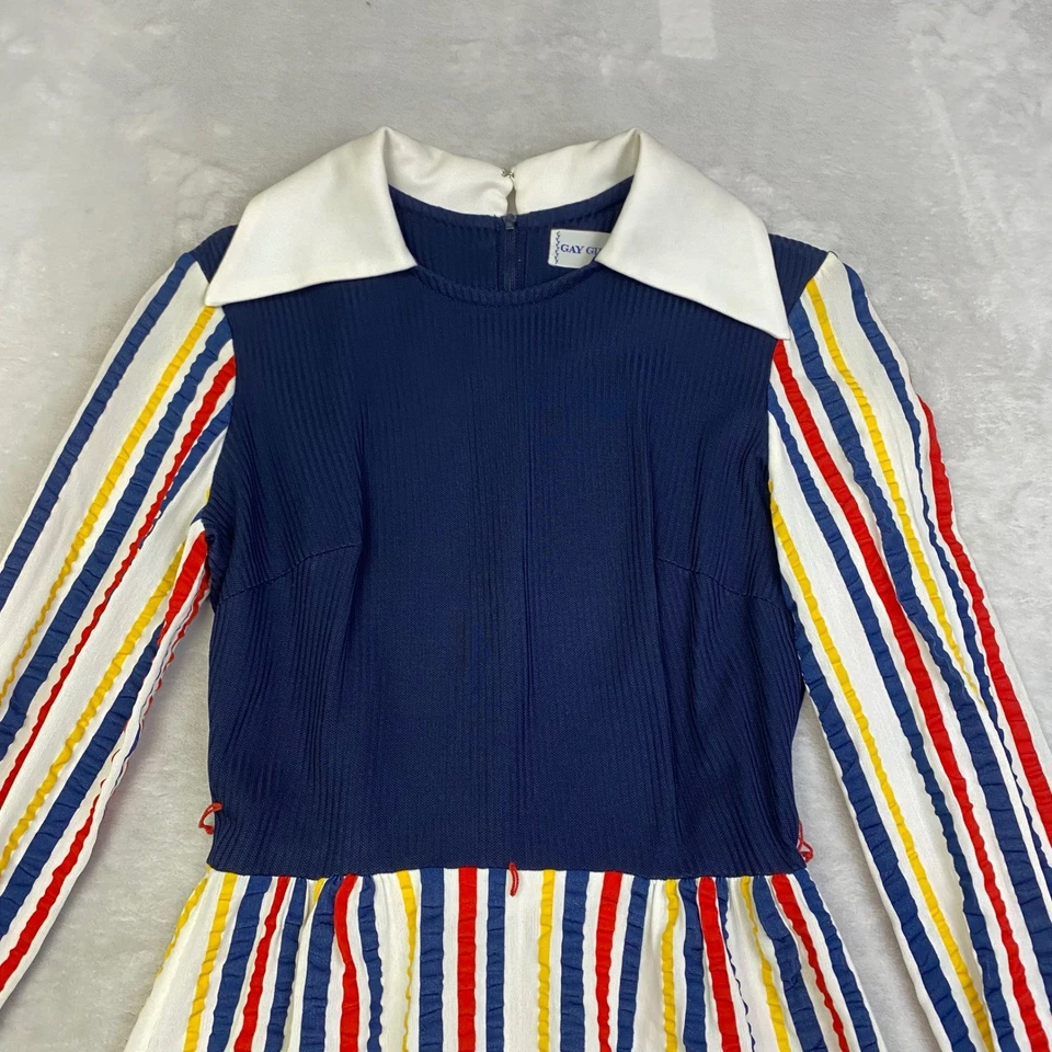 Vintage Gay Gibson Dress Mod Striped Ribbed Navy White Collar Long Sleeve - Image 2 of 4