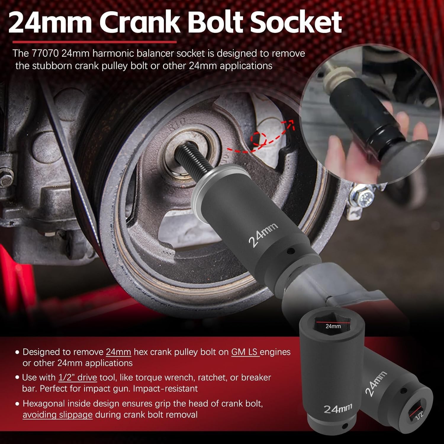 77070 24mm Crank Bolt Socket for GM LS Engine Harmonic Balancer Socket Tool 2... thumbnail 3