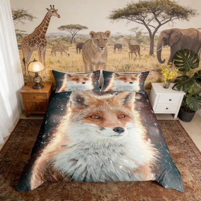 Red Fox Bedding Set Twin Size for Kids Boys Bedroom,Winter Snow Bed Duvet Cov...