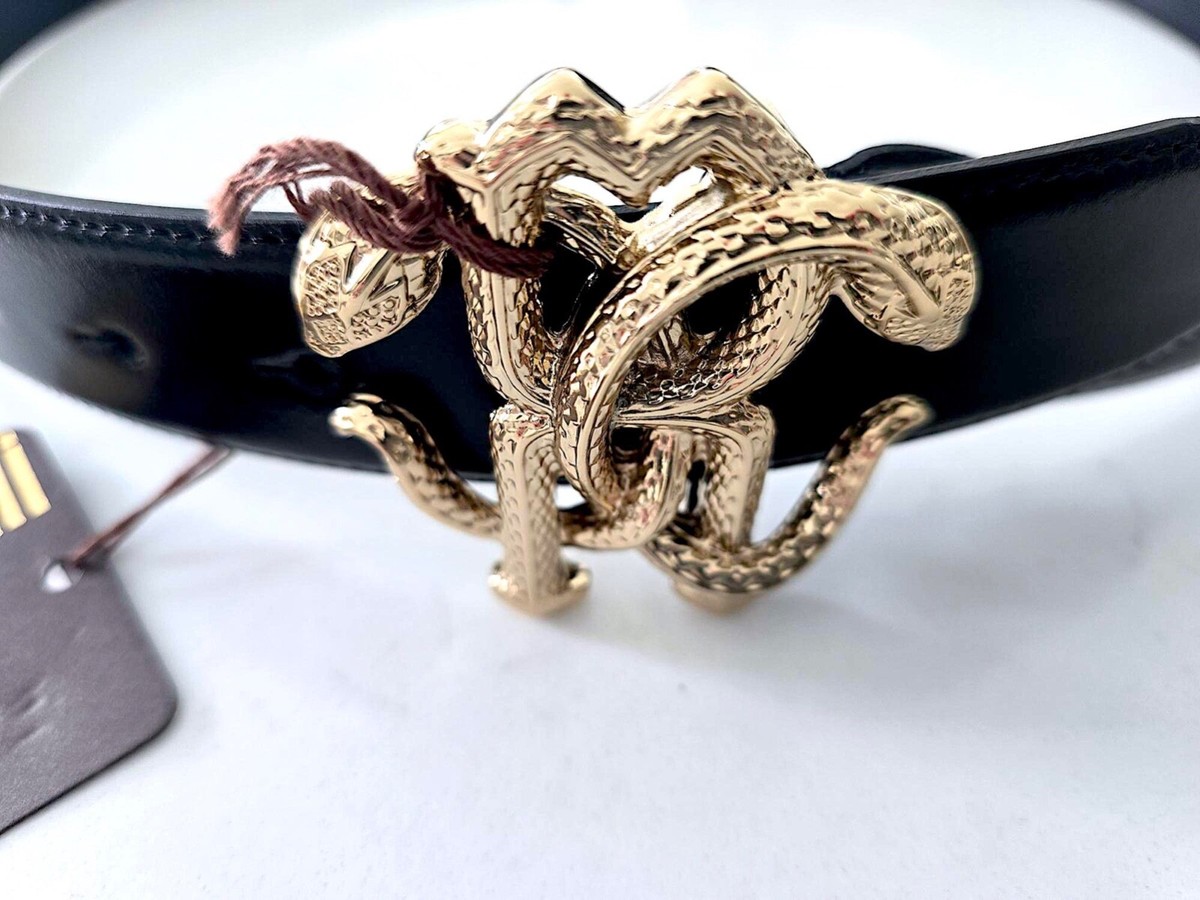 Rare NWT Roberto Cavalli Gold RC Monogram Belt Men's Black