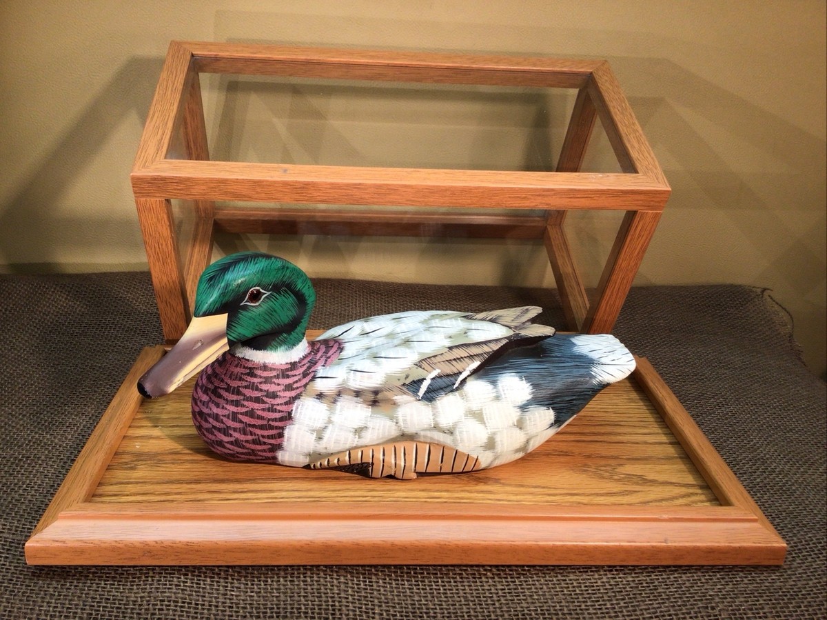 Beautiful Life Size Handmade Carved Wooden Duck In Glass Display