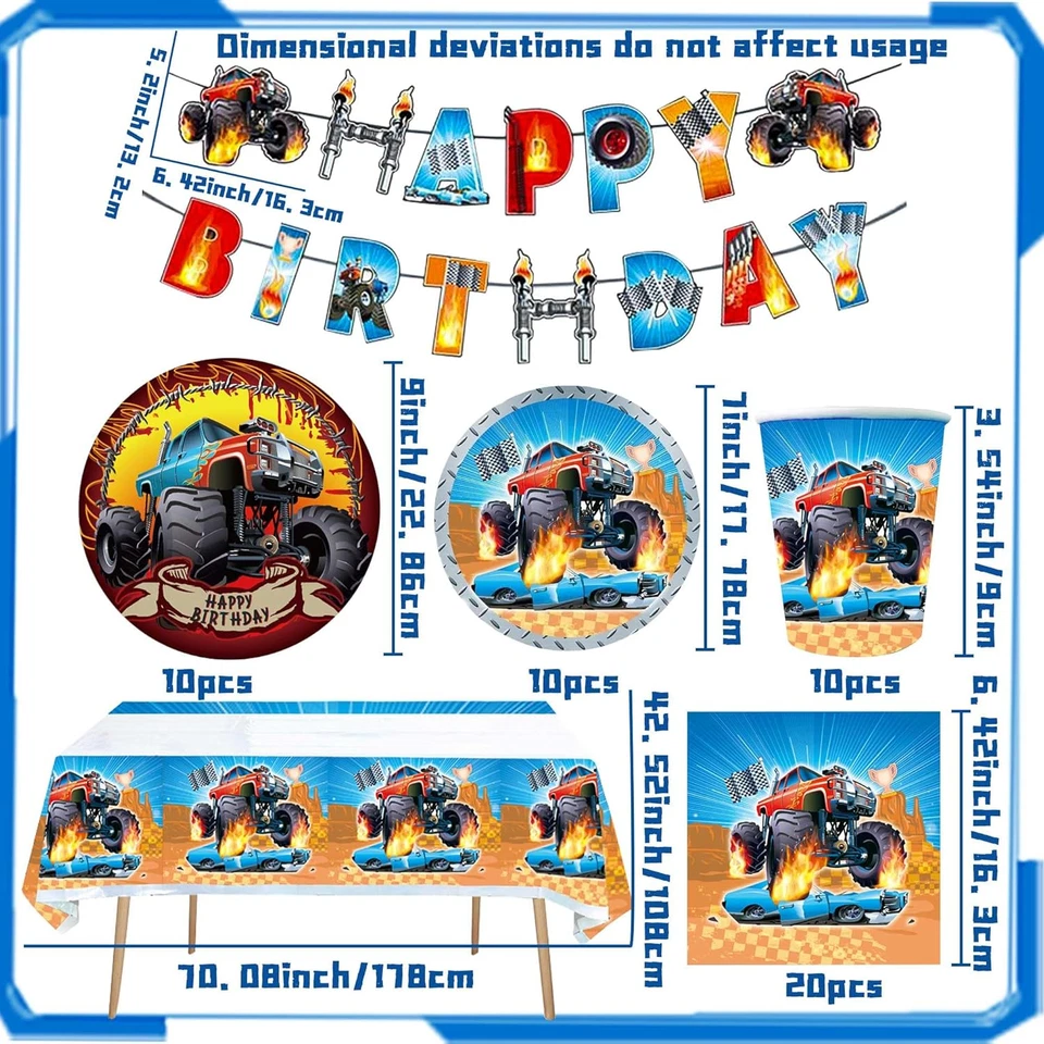 52 PIEZAS Monster Truck Banner Cumpleaños Monster Truck Fiesta Platos y Servilletas Smas Foto 2 de 4