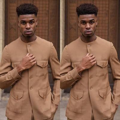 Brown Men's Safari Jackets Formal Multi Pockets Outdoor Sport Wear Hunting Coats