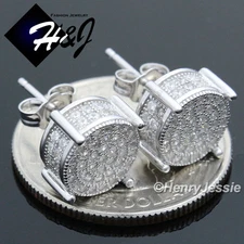 MEN 925 STERLING SILVER 10MM ICY BLING CUBIC ZIRCONIA 3D ROUND STUD EARRING*E82