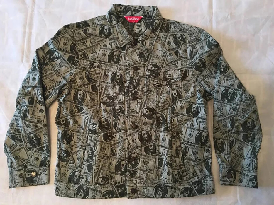 Supreme New York 100 Dollar Bill Green Trucker Jacket Size Large 17FW