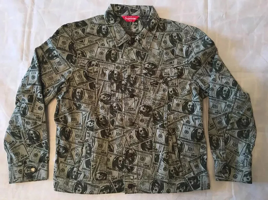 Supreme New York 100 Dollar Bill Green Trucker Jacket Size Large 17FW