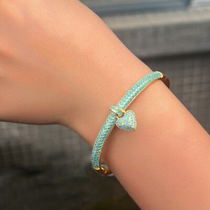 Authentic Women Gold Plated Blue Turquoise Heart Charm Cuff Bangle Bracelet Bridal Jewelry