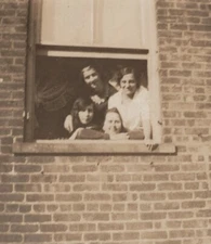 1920s Women Smiling Through Window Brick Building Group Portrait Friends