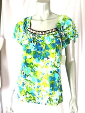 AB STUDIO SZ S NWT Rayon/Spandex Bright Green-Blues Square Neck Blouse Top Shirt