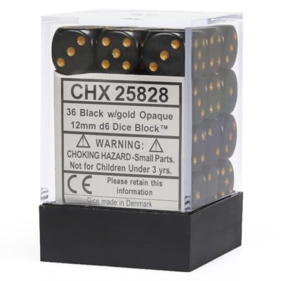 CHESSEX opaque 12mm SET OF (36) D6 BLACK AND GOLD DICE DIE SET