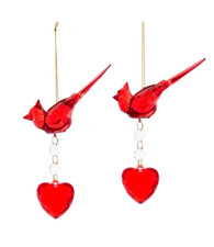 KURT ADLER SET OF 2 RED ACRYLIC CARDINALS w/ HEART DANGLES XMAS ORNAMENTS T3317