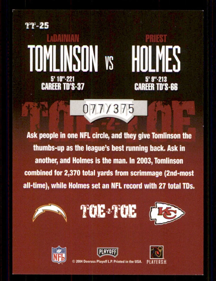 2004 Playoff Contenders Toe 2 Toe #TT25 LaDainian Tomlinson/Priest Holmes /375 - Image 2 of 2