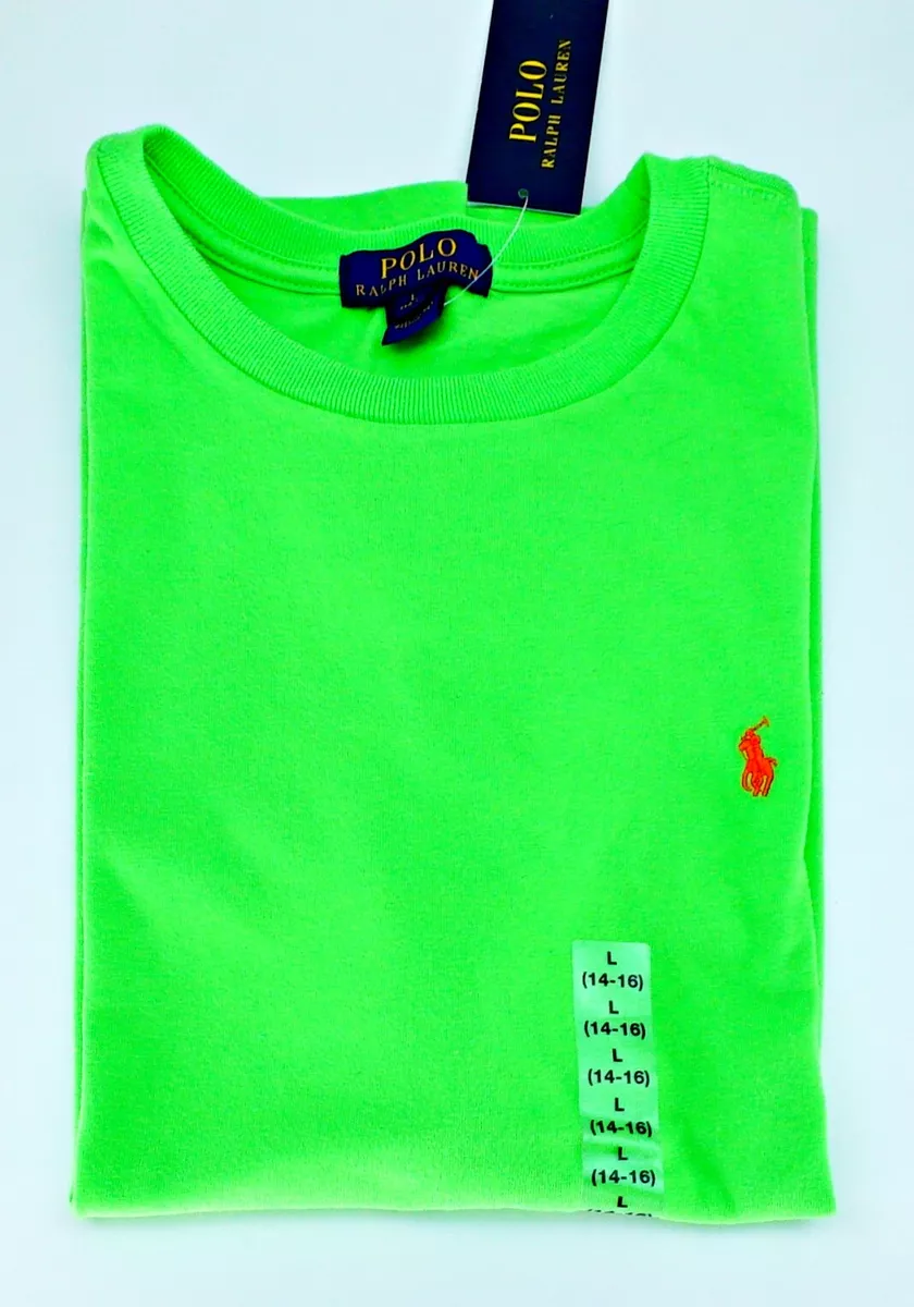 Polo Ralph Lauren Boys Classic Crew Neck Basic T Shirt Neon Green Logo Tee Top
