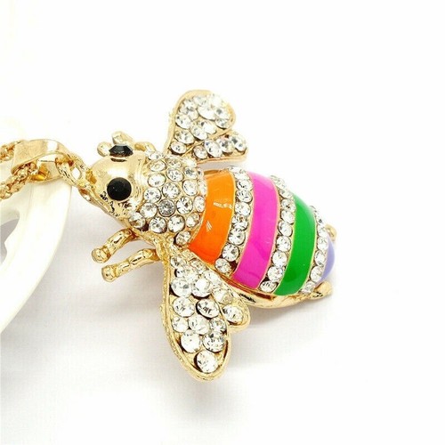 Betsey Johnson Crystal Rainbow Bee Gold Pendant Chain Necklace Free Gift Bag - Picture 2 of 3