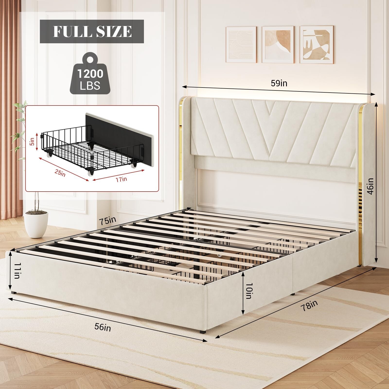 LED Full Queen Size Bed Frame with Wooden Headboard 4 Storage Drawers Platform