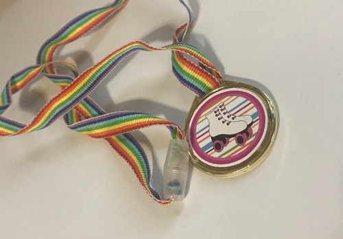12 ROLLER SKATING retro 80's RAINBOW MEDALS NECKLACES, birthday party favors