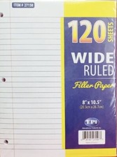 EPI 120 Sheets WIDE RULED Filler Paper 8" x 10.5" 20.3cm-26.7cm Item 27158 New