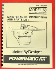 POWERMATIC 68 New Table Saw 12" Owner Operator Parts Manual 0533