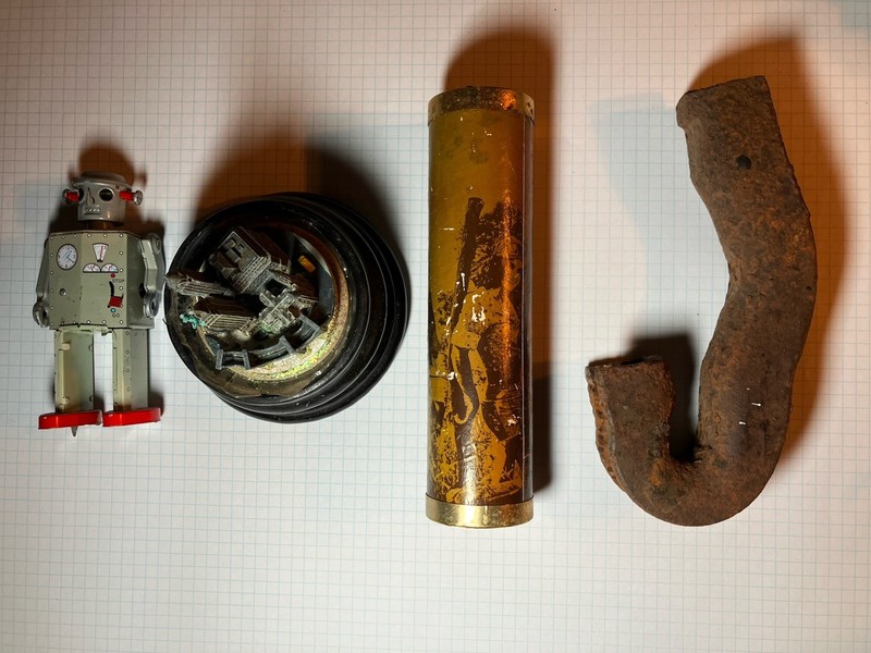 Collection of Strange Vintage Artifacts  Robot Snow Globe Swizzle Stick Rusted