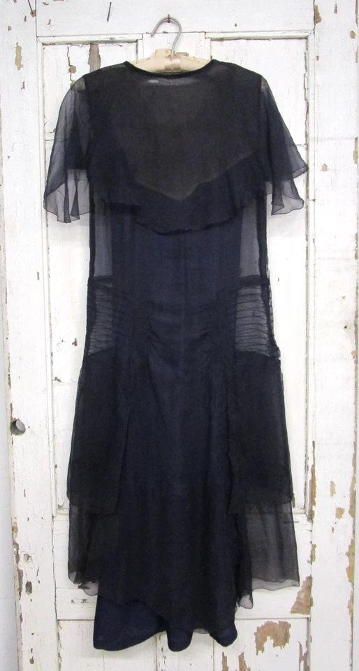 1920s Sheer Navy Silk Chiffon Dress w Slip & Gauntlets Downton Abbey Style XS-S - Image 3 of 4