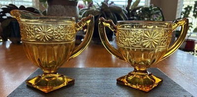 Vintage Indiana Glass Amber, Daisy Pattern, Footed Cream and Sugar Set G1