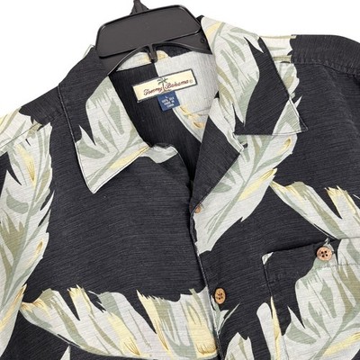 Tommy Bahama Silk Palm Leaf Print Button Up Camp Shirt Black Green L Mens