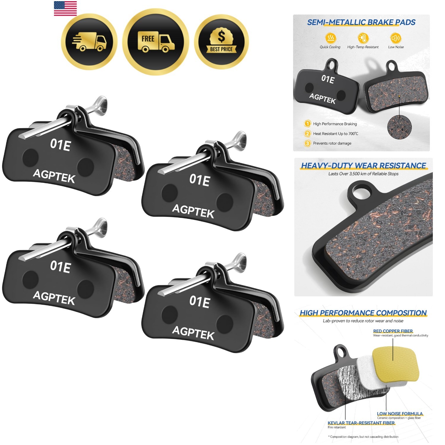 Bike Brake Pads, High-Performance Bicycle Brake Pad, 4 Pairs Mountain Bike Pa...