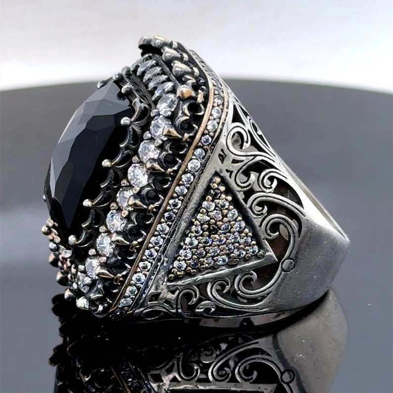 Мужское серебряное большое черное квадратное уникальное мужское большое кольцо ручной работы с ониксом - Изображение 3 из 4