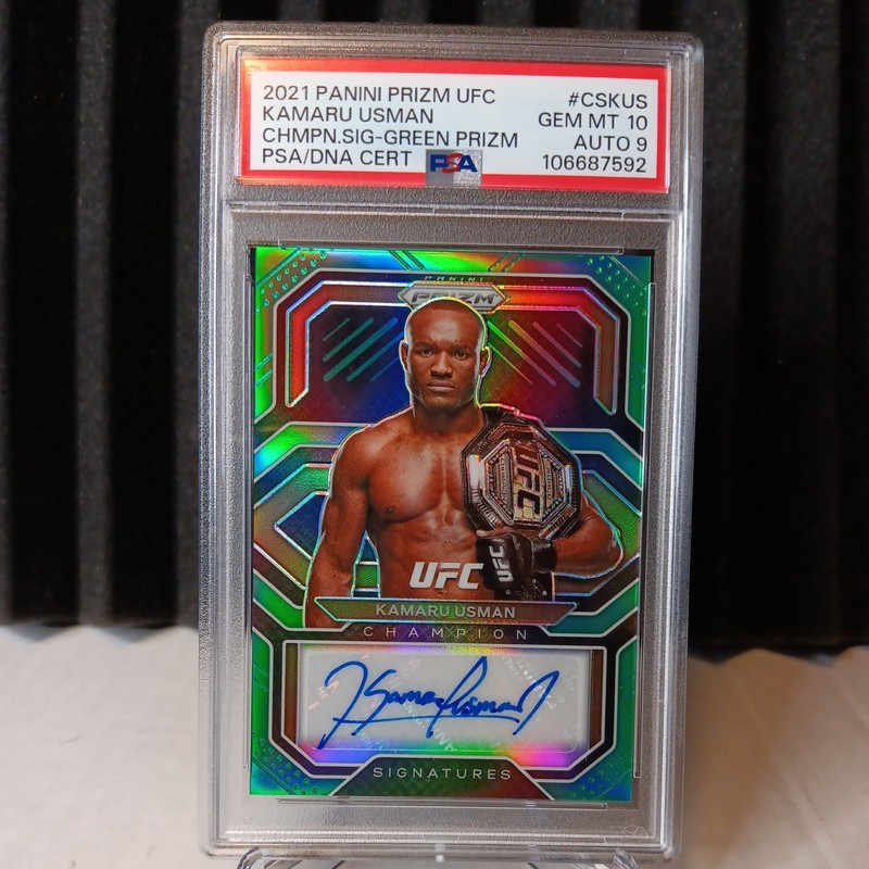 2021 Panini Prizm KAMARU USMAN UFC Champion Signatures GREEN SSP AUTO PSA 10