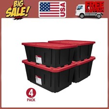 4-Pack Hyper Tough 27Gal Heavy Duty Plastic Storage Bin Black Red Snap Lid