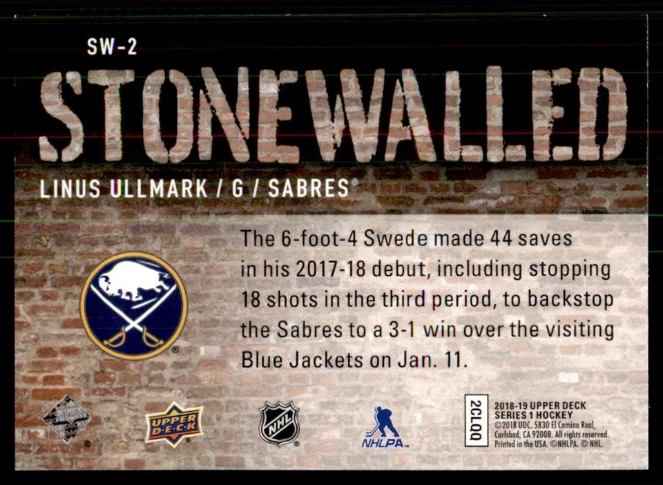 2018-19 Upper Deck Stonewalled Linus Ullmark Buffalo Sabres #SW-2 - Image 2 of 2