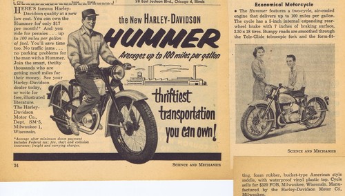 1955 Vintage Ad + INFORMATION - HARLEY-DAVIDSON HUMMER