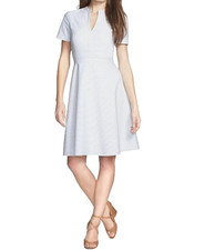 Tory Burch Dress Fit and Flare Pinstripe Short Sleeve V Neck White Zip 2 XS