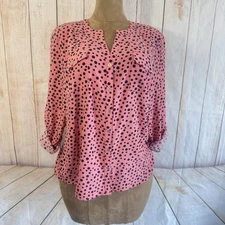 Notations Blouse in Pink with Black Polka Dots, button up, lightweight XL