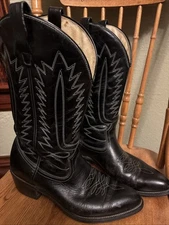 Vintage MASON Cowboy Western BOOTS Black Leather & White Stitch, USA Mens 9.5 D