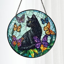 Black Cat and Butterflies Stained Glass Suncatcher, Mystical Window Hanging